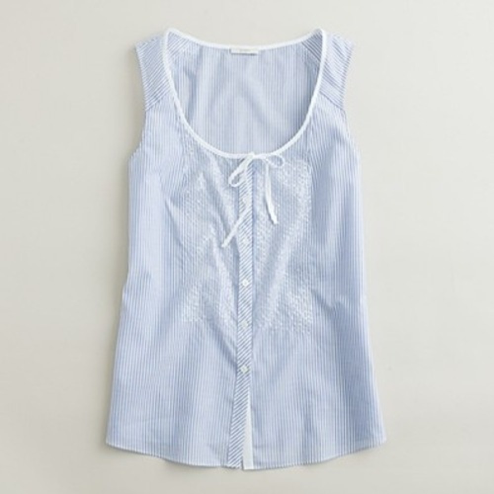 J. Crew Blue and White Pinstripe Sleeveless Tie-Front Blouse